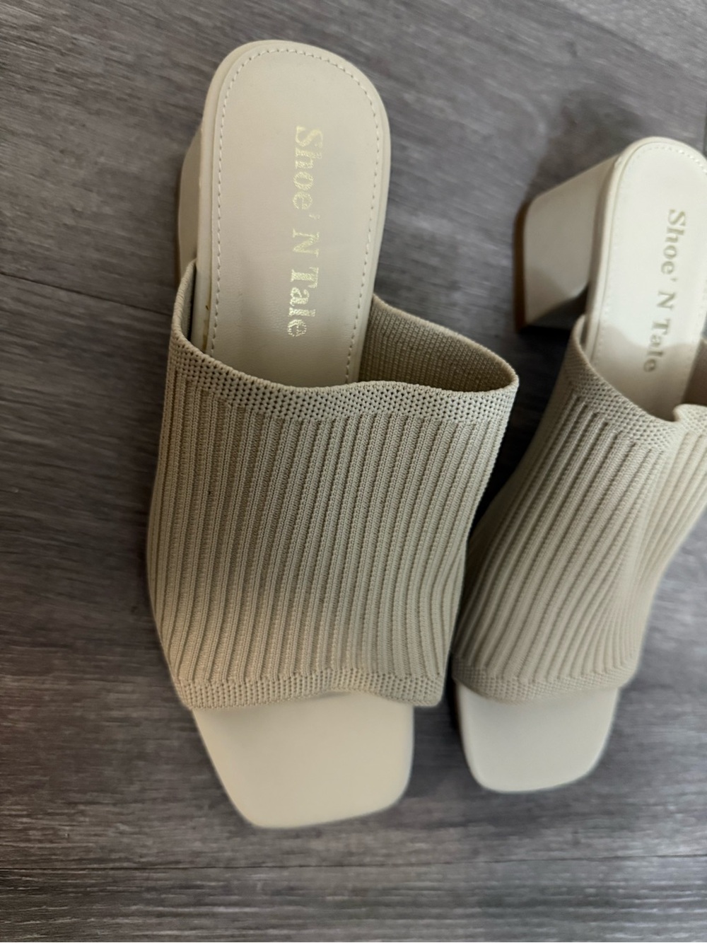 ShoeNTale Women's Taupe Knit Block Heel Mules